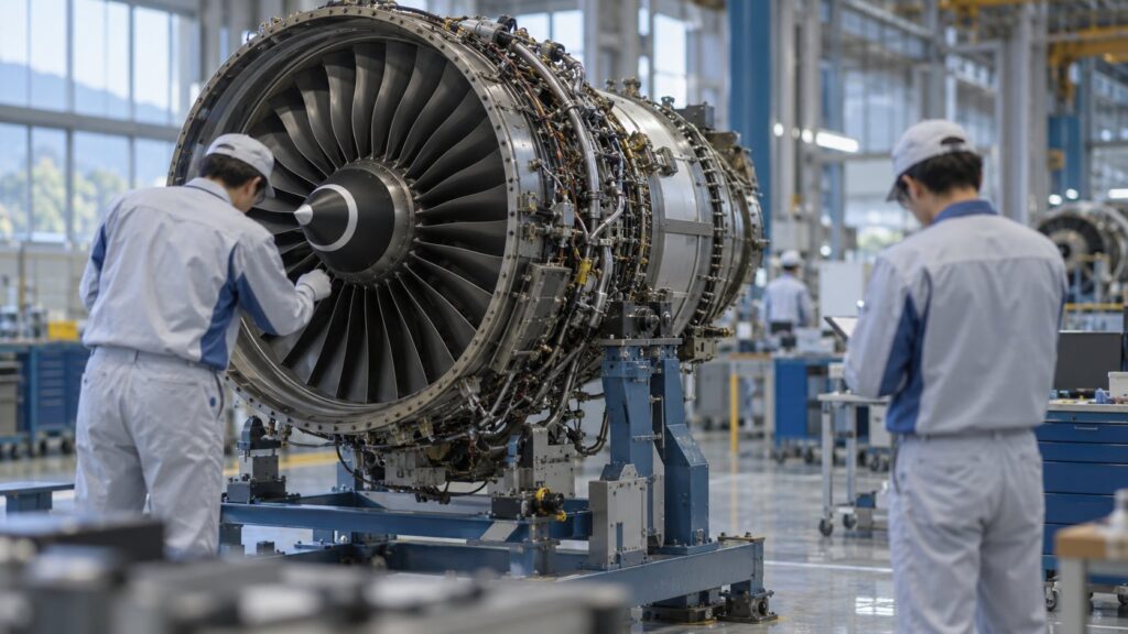 工場で航空機エンジン部品を確認する日本人エンジニア
