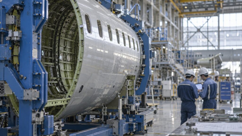 航空機の胴体部品を治具で組み立てる工場