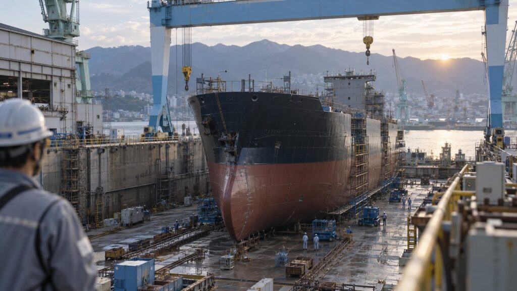 造船所のドックで建造中の大型船と大型クレーン