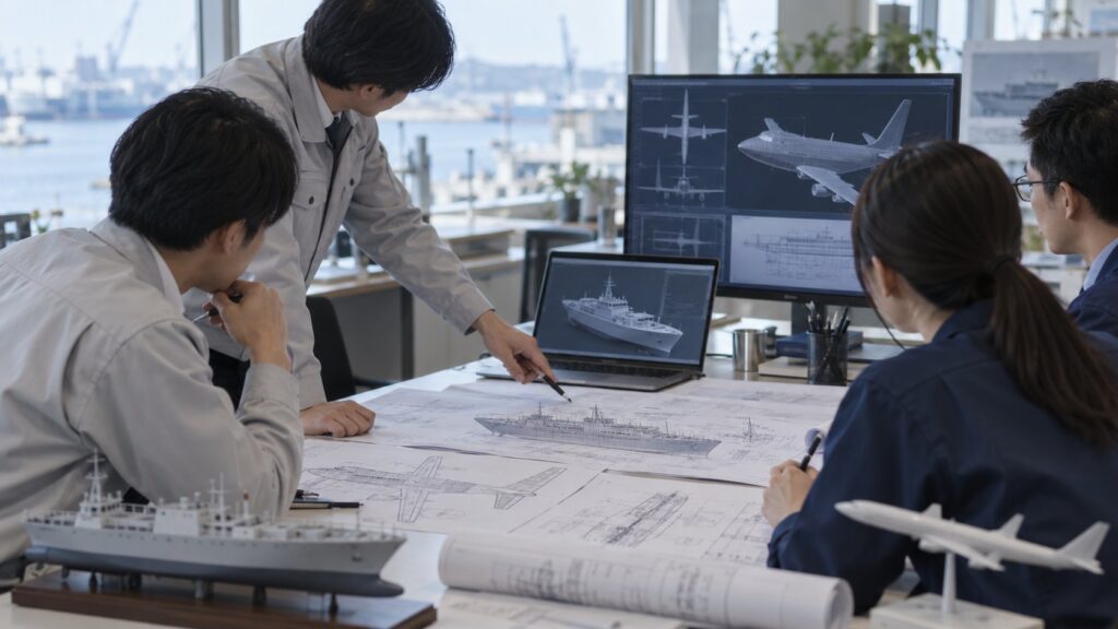 設計図面を囲んで打ち合わせをする日本人エンジニア