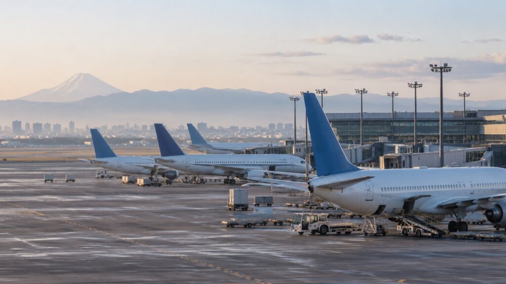 早朝の空港に駐機する複数の旅客機