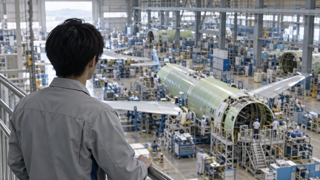 航空機組立ラインを見下ろす日本人若手技術者