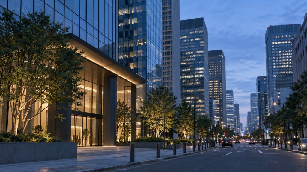 夕暮れの日本のビジネス街に並ぶ高層オフィス