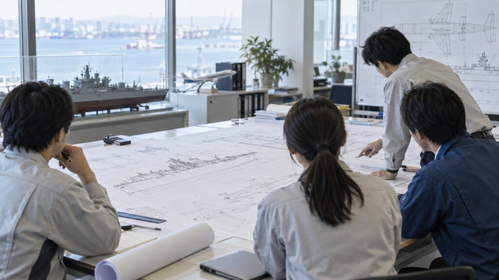 船舶と航空機の設計図を囲む技術者たち