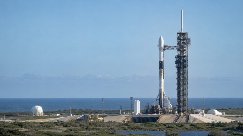 海沿いの発射台に立つロケットと整備塔