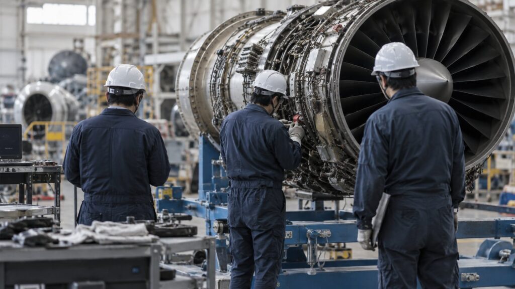 ジェットエンジンを点検する日本人技術者