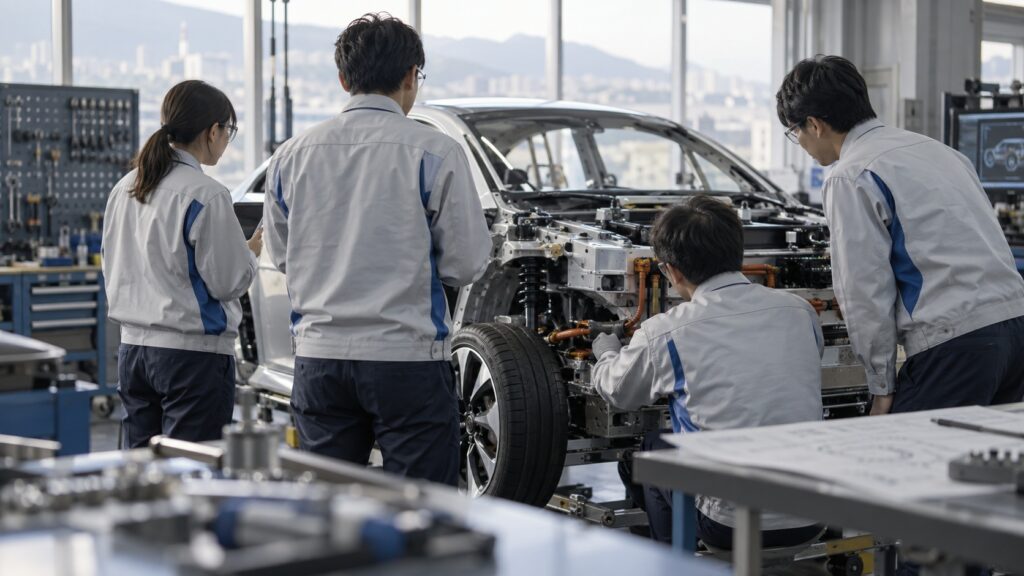 開発中の車両を囲んで議論するエンジニアのチーム