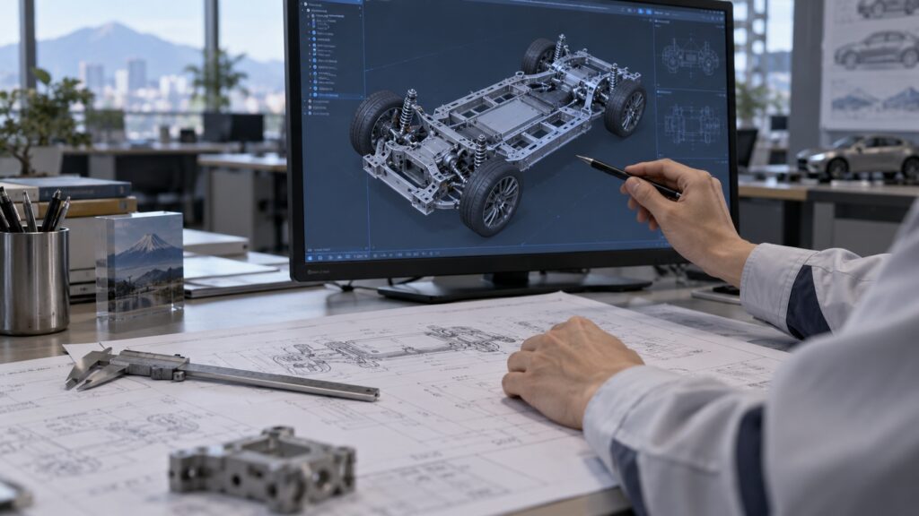 車体の3Dモデルを確認する設計者の手元