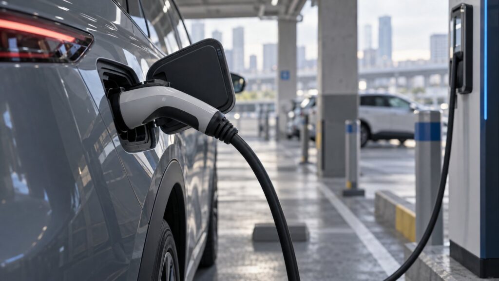 駐車施設で充電器につながれた電気自動車