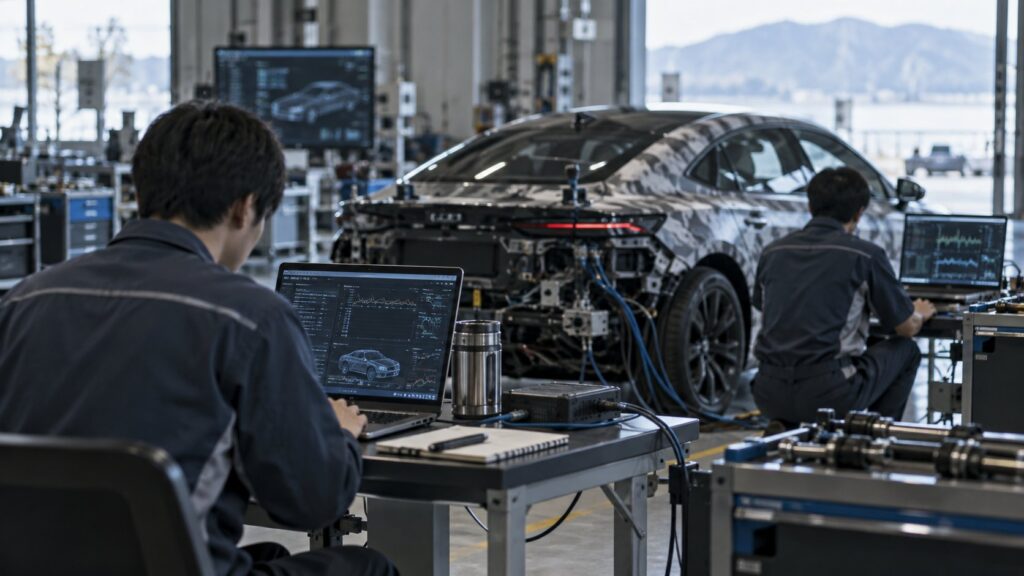 試作車の横で車両データを確認する日本人技術者