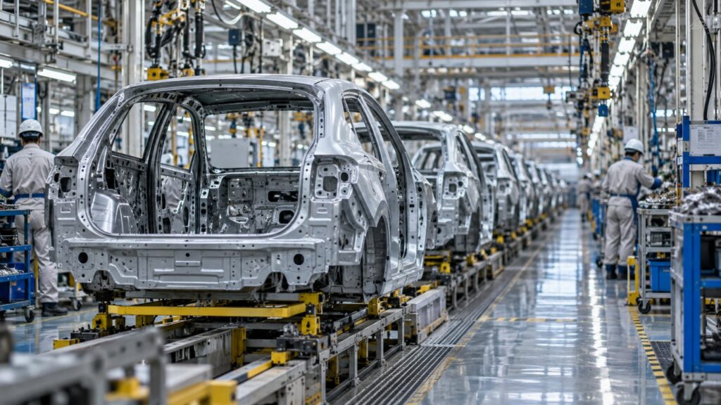日本の自動車工場で車体が並ぶ長い組立ライン