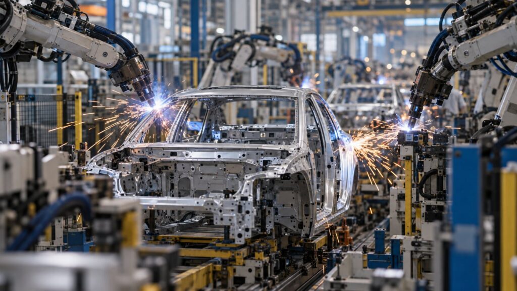 自動車工場で車体を溶接するロボットと火花