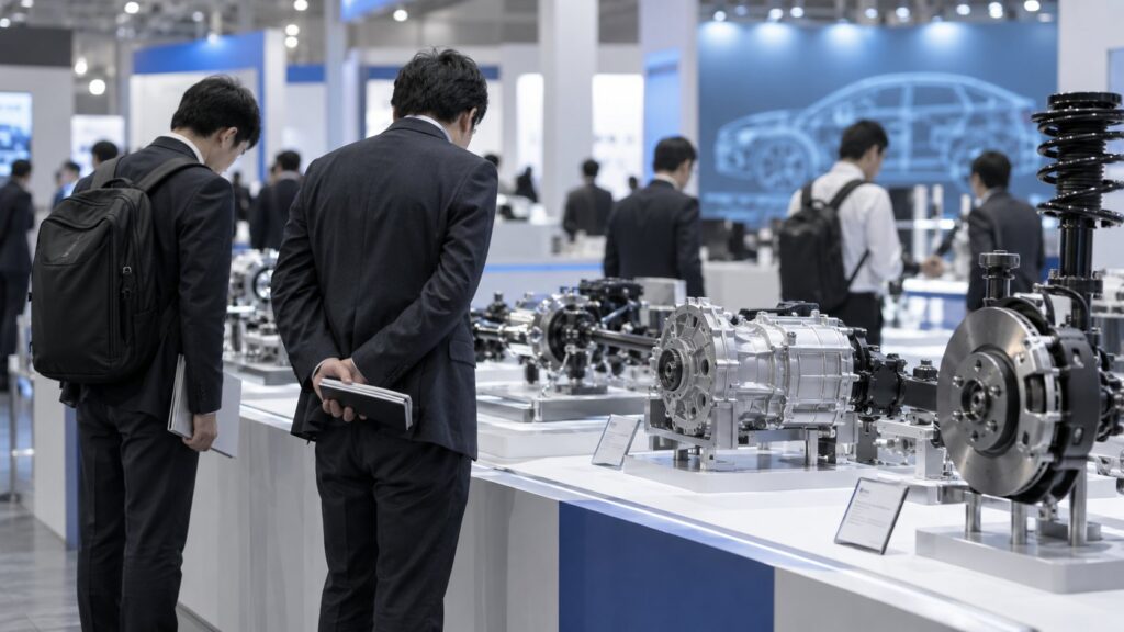 展示会で自動車部品を確認する日本人技術者
