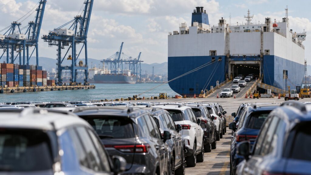 自動車運搬船と新車が並ぶ国際港湾ターミナル