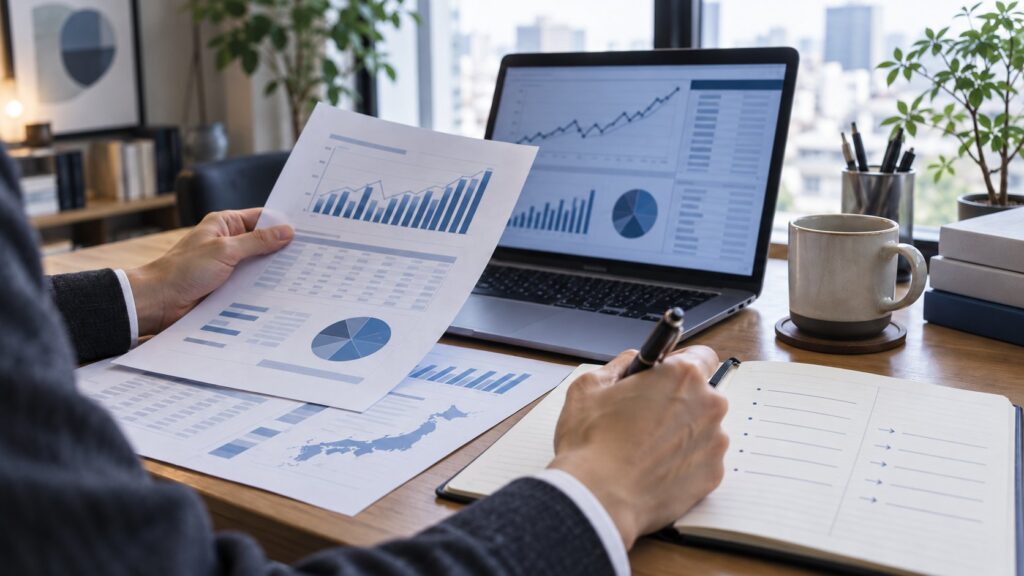 企業資料とパソコンを確認しながらメモする求職者