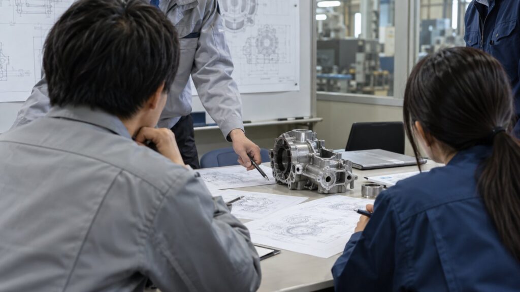 自動車部品と図面を囲んで協議する技術者