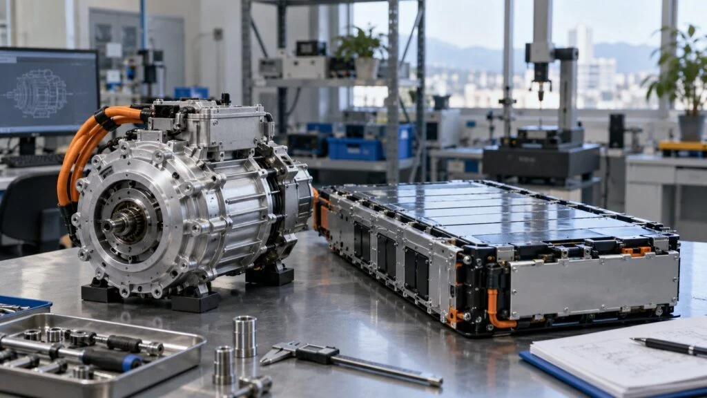 EV motor and battery pack on a lab bench
