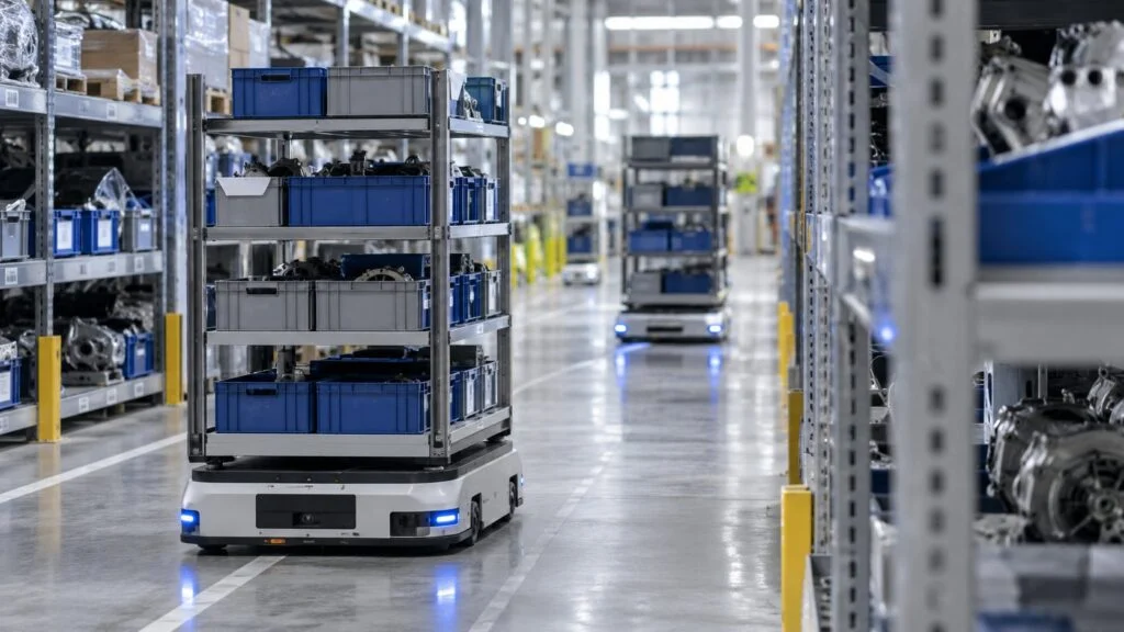 Automated guided vehicle carrying parts bins between warehouse racks