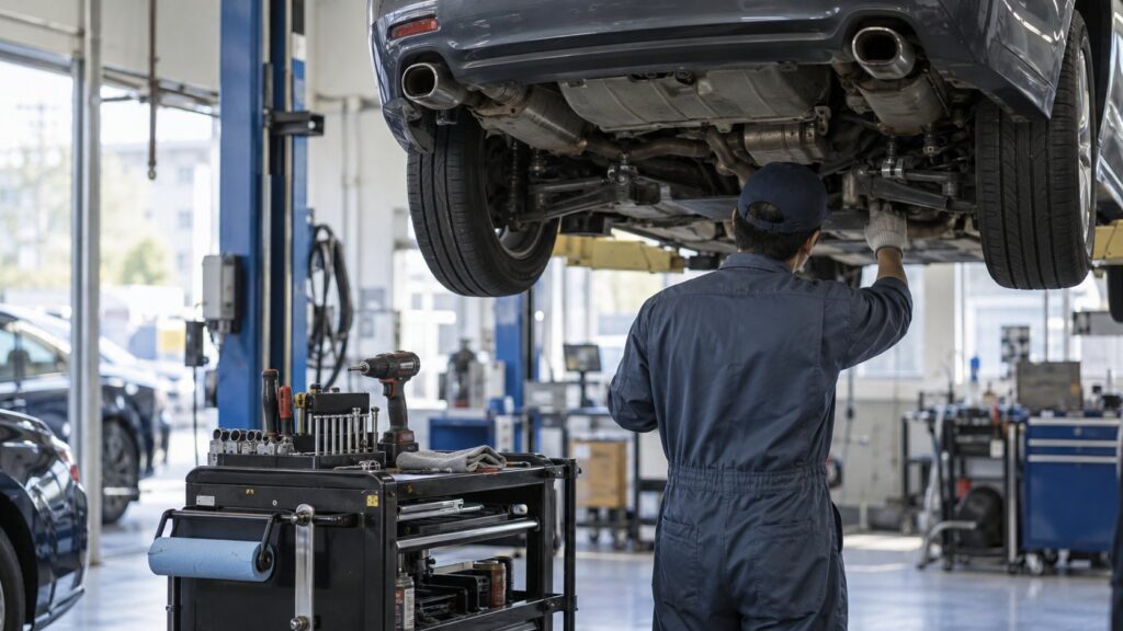 リフト上の車を点検する自動車整備士