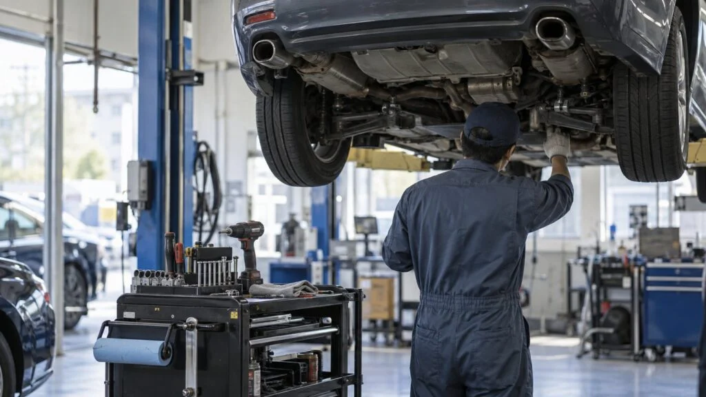 Mechanic inspecting a car on a lift in a service shop