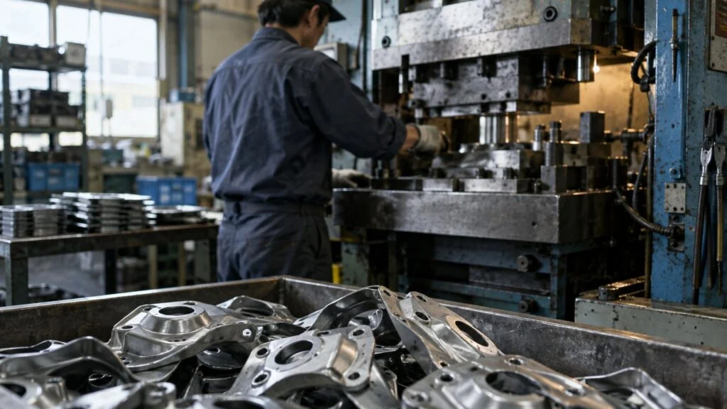 Worker operating a stamping press with stamped metal parts in a bin