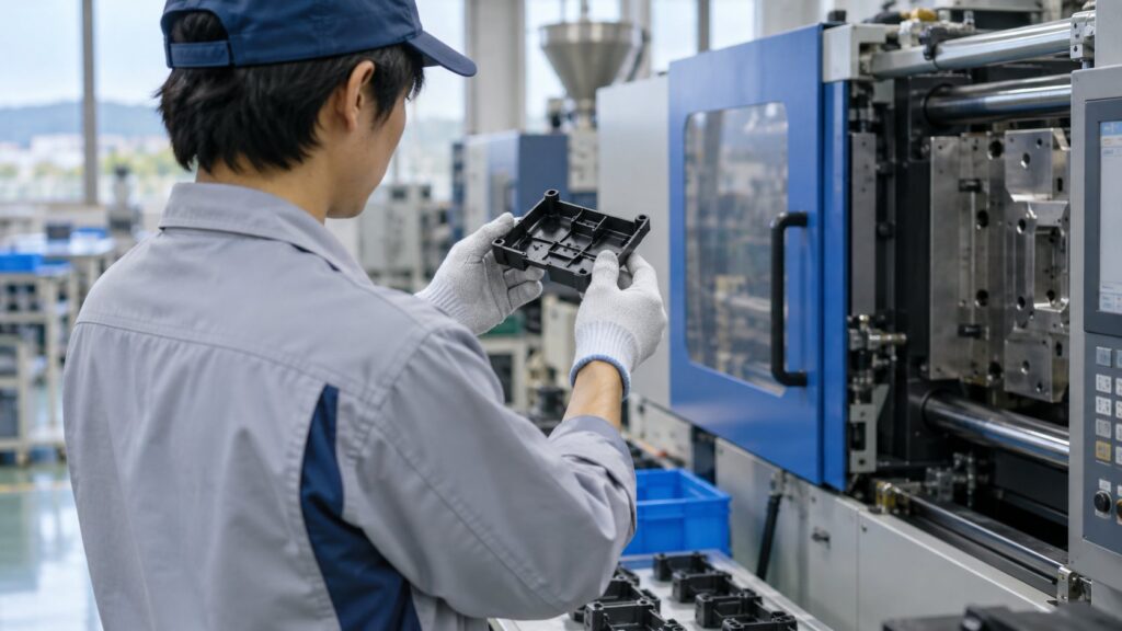 射出成形機の前で樹脂部品を確認する技術者