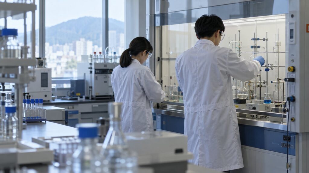 化学メーカーの研究所で実験を行う技術者
