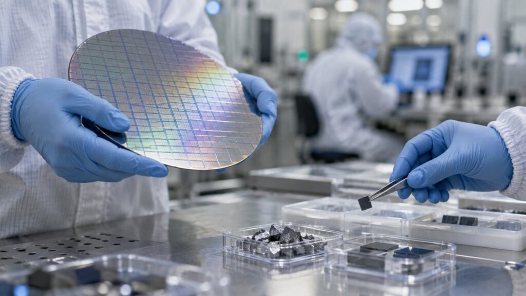クリーンルームで半導体ウエハを扱う技術者