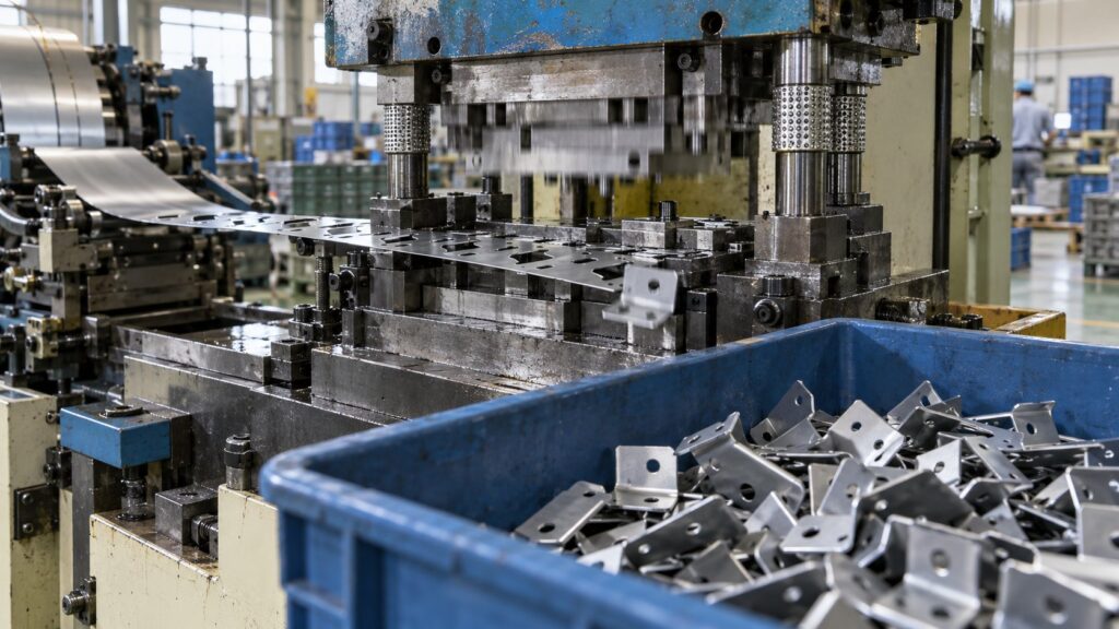 プレス機で金属板から部品を成形する様子