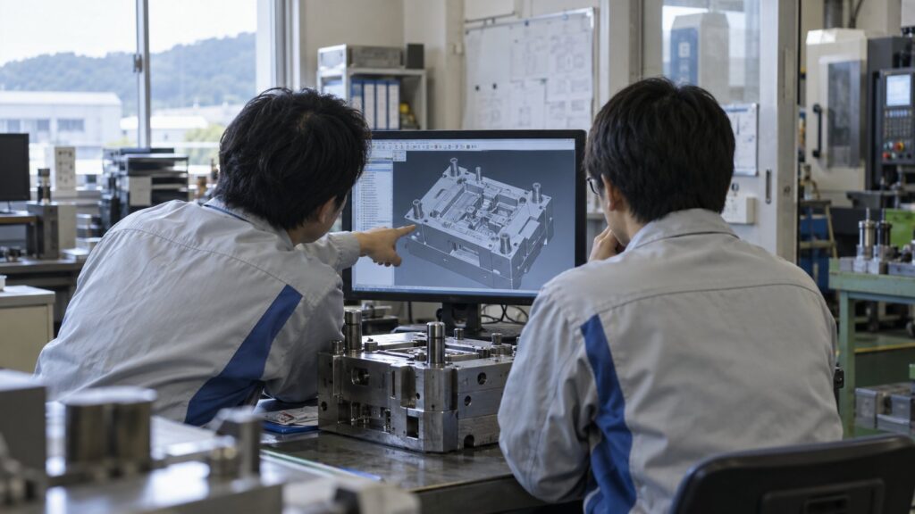 金型の図面を見ながら打合せをする技術者