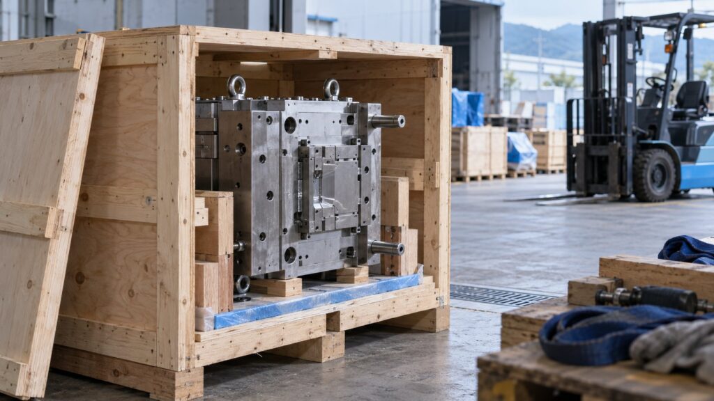 輸出用木箱に梱包された射出成形金型