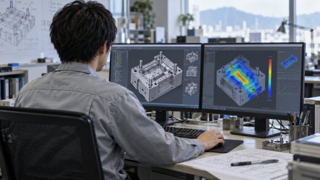 金型の3D設計を確認する日本人技術者