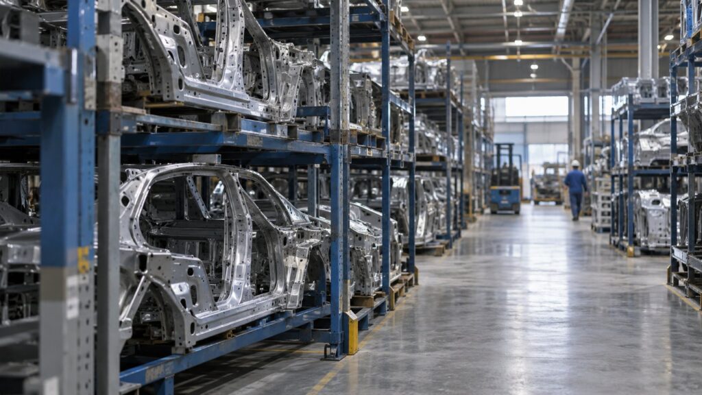 自動車ボディ部品を棚に保管する工場倉庫