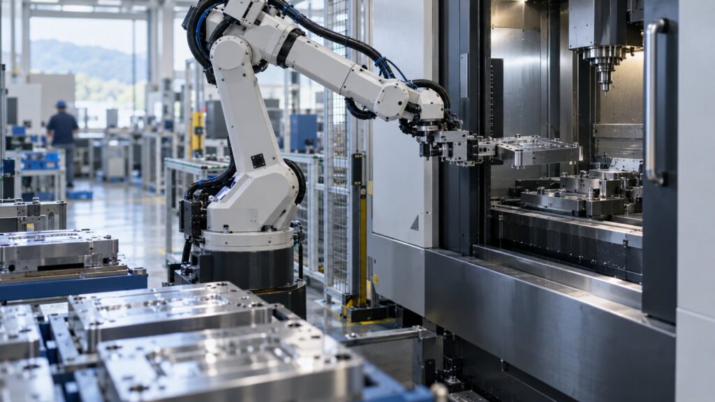 ロボットが金型部品を搬送する加工セル