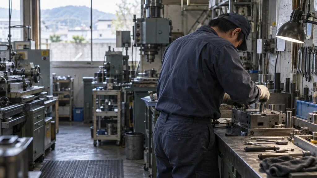 Factory worker adjusting a mold on a workbench