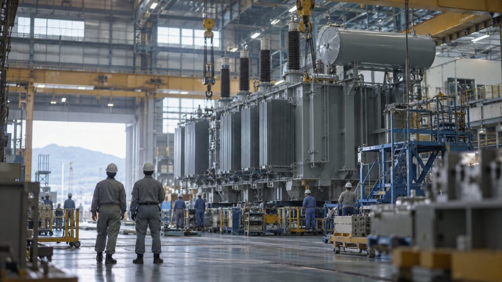 変圧器などの重電設備を製造する大型工場
