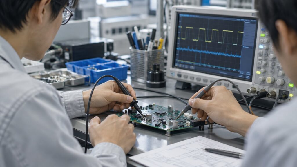 試作した基板を測定器で評価するエンジニア