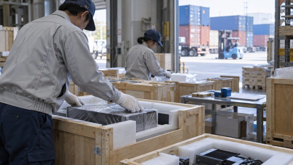 精密機器を木箱に梱包する出荷作業