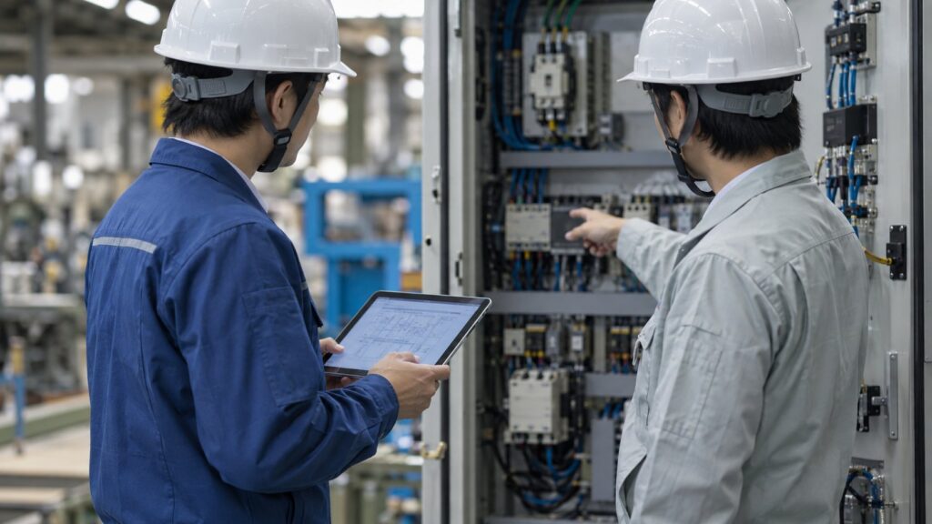 制御盤を確認する技術者とタブレット