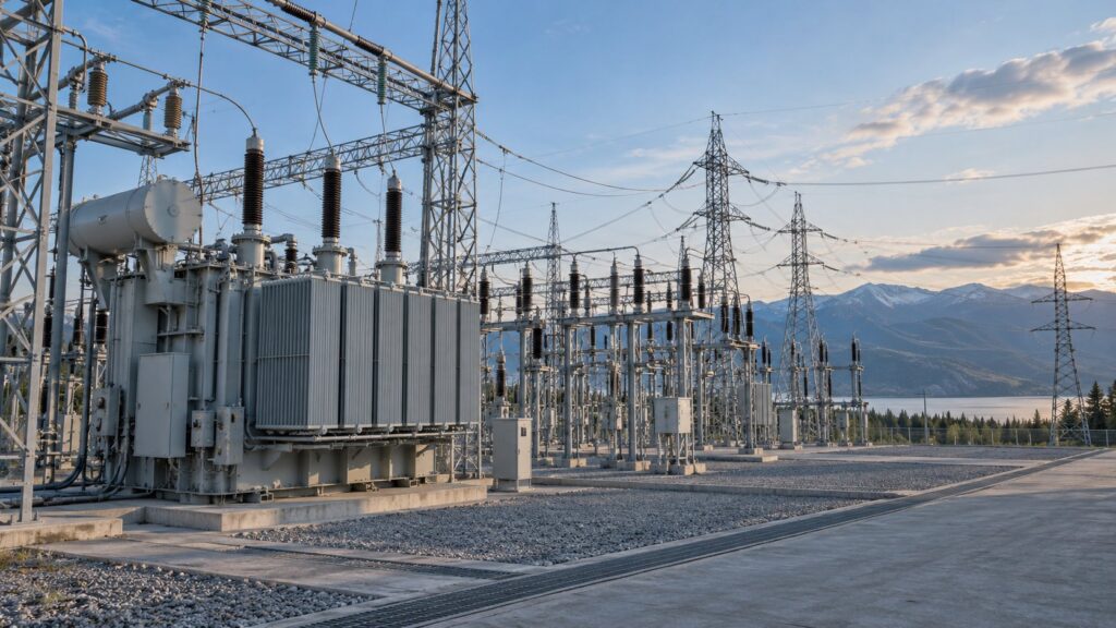 変圧器と送電設備が並ぶ大規模な変電所
