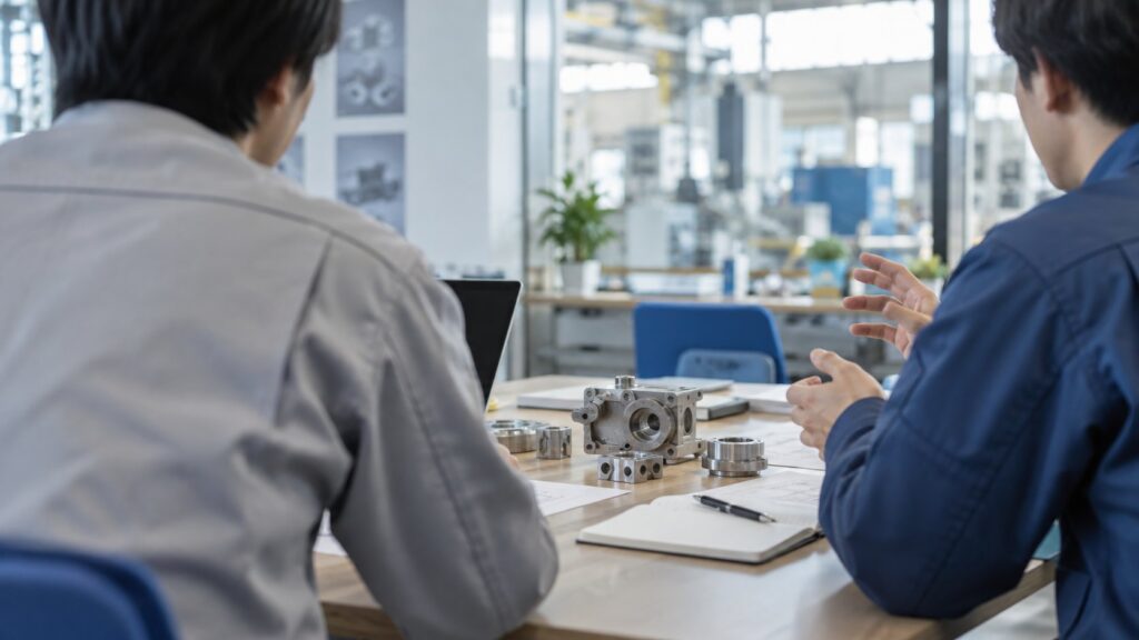 製造業の会議スペースで製品サンプルを前に話し合うエンジニア