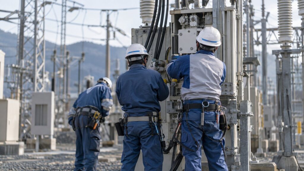 屋外の変電所で開閉装置を据え付ける技術者
