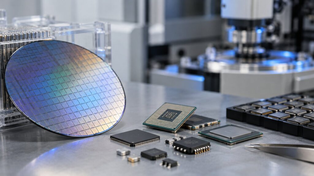 電子部品や半導体、ウェハ、製造装置が並ぶイメージ