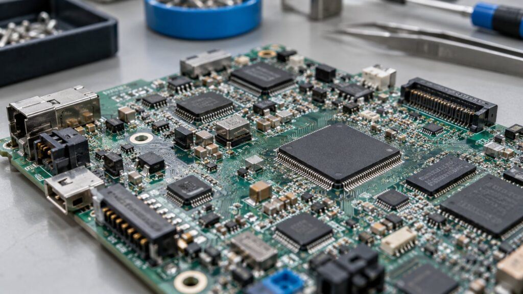 基板の上に並ぶ半導体チップと電子部品