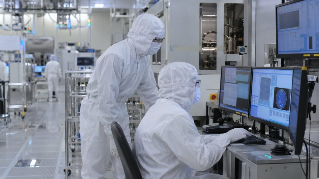 クリーンルームで製造装置を確認する技術者
