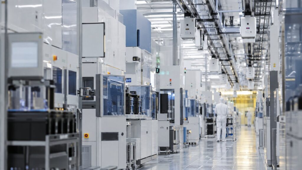 半導体製造装置が並ぶ明るいクリーンルーム