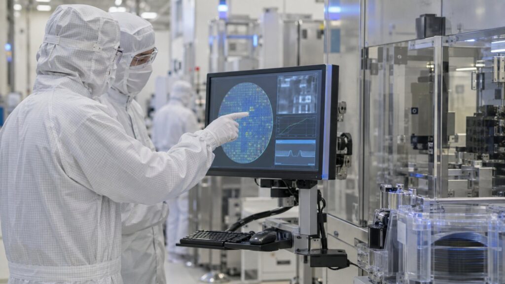 製造データを確認するクリーンルームの技術者