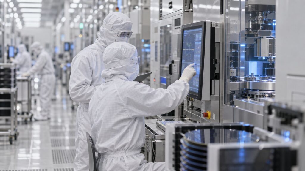半導体製造装置を操作するクリーンルーム技術者