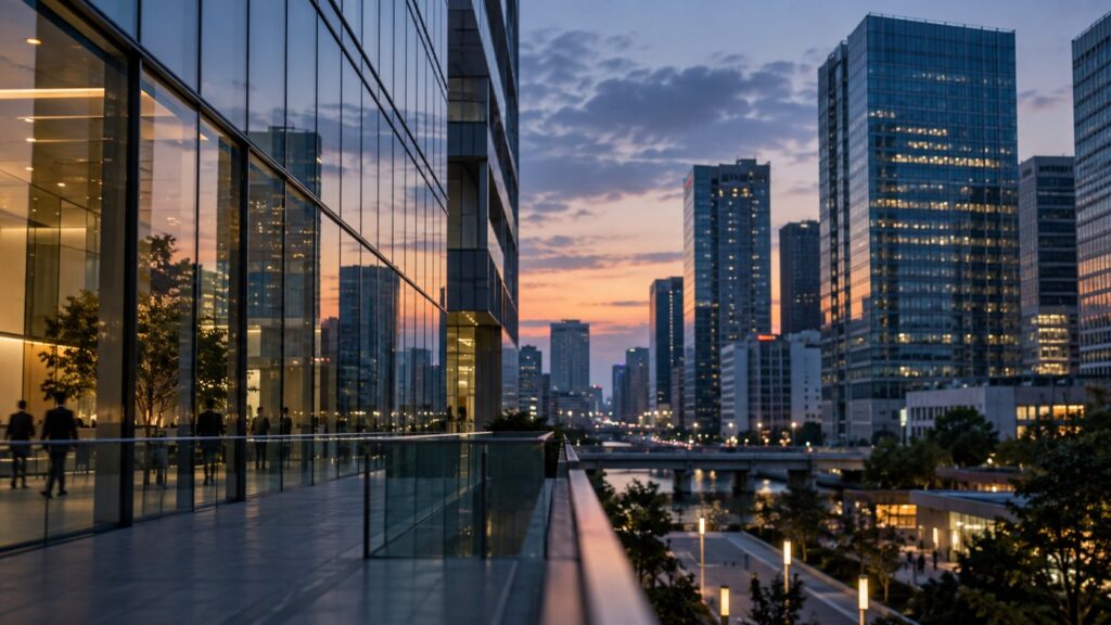 夕暮れの日本のビジネス街に並ぶ高層ビル