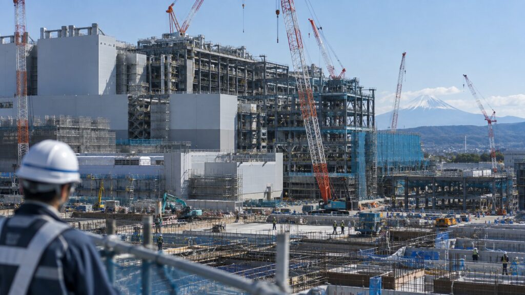 クレーンが並ぶ建設中の大型半導体工場